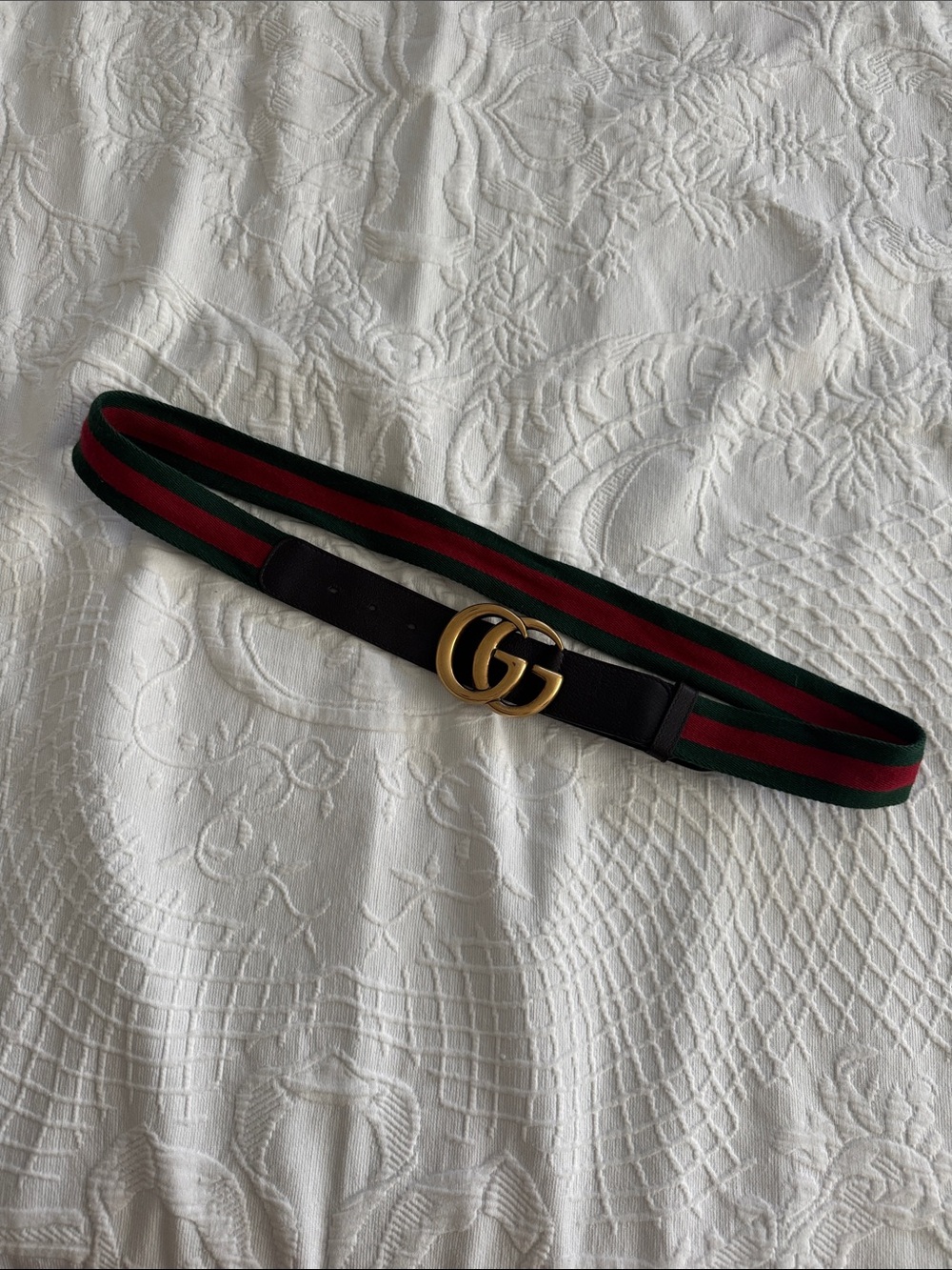 Gucci Green & Red Canvas Stripe Belt with Gold Buckle